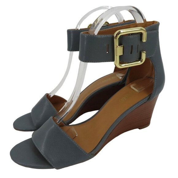 Nine West Shoes - Nine West 7.5 M Women Narcissus Blue Leather Wedge Ankle Buckle Sandals Shoes